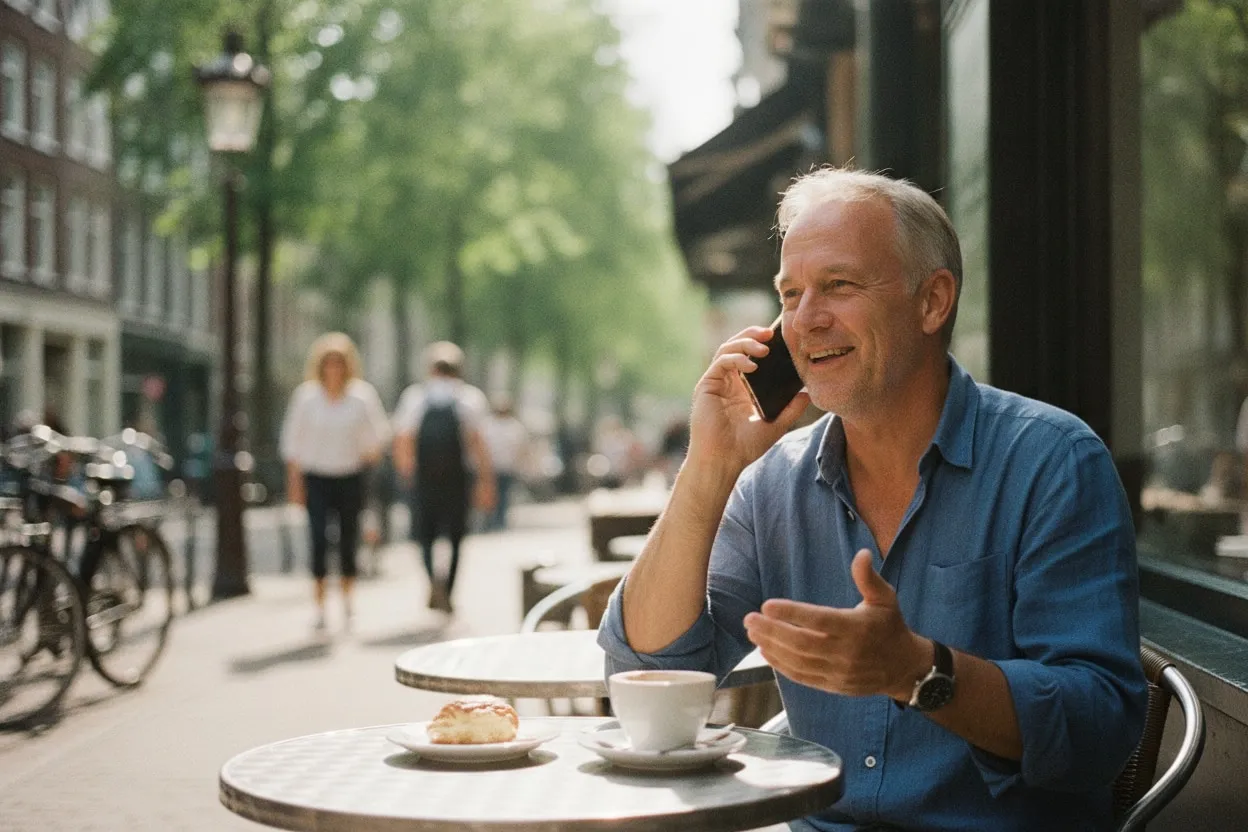 A man at an outdoor cafe table on a sunny afternoon, talking to the phone in his hand.