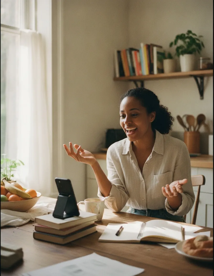 A woman at a sunlit kitchen table, talking out loud to a phone propped up in front of her.