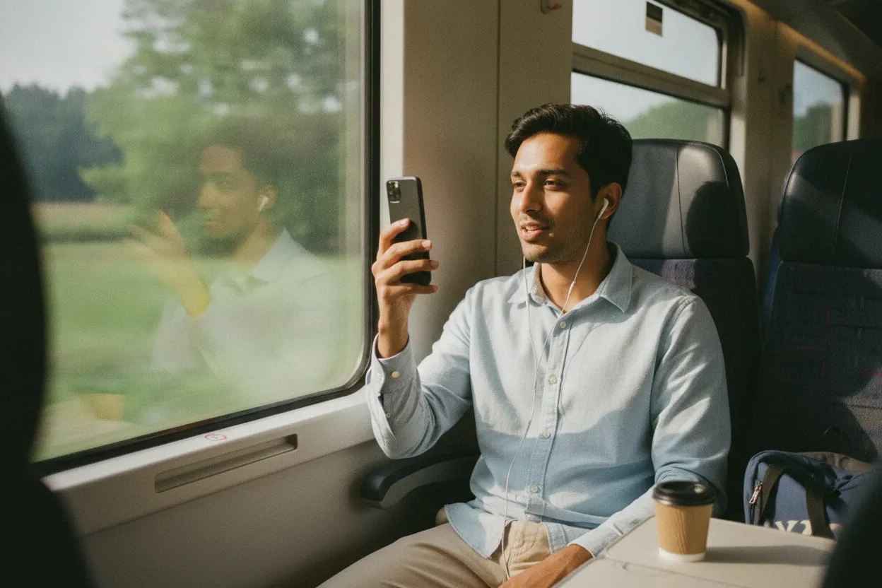 A man on a sunlit train, earbuds in, speaking to the phone in his hand.