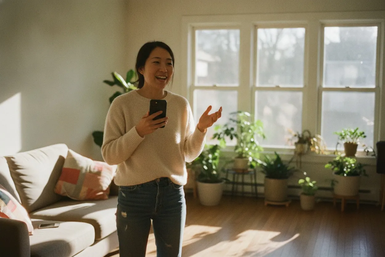 A woman standing in a sunlit living room, speaking out loud to the phone in her hand.