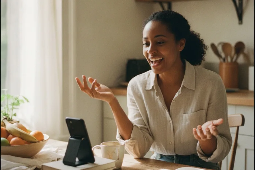 A woman at a sunlit kitchen table, talking out loud to a phone propped up in front of her.